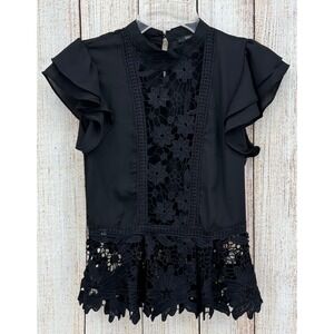 Blashe Black Ruffle Sleeve Crochet Lace‎ Top Small Sheer Panel Peplum NWT
